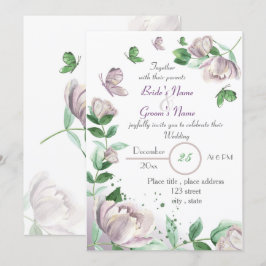 violette Blumen grüne Blätter Schmetterlinge Hochz Einladung