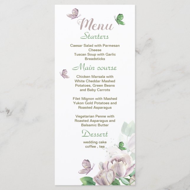 violette Blumen grüne Blätter Schmetterlinge Hochz Menükarte (Vorderseite)