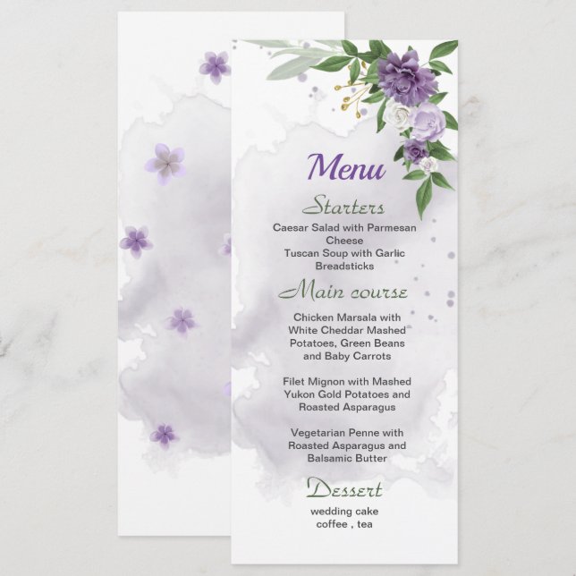 Violette Blumen Grüne Hochzeit Menükarte (Vorne/Hinten)
