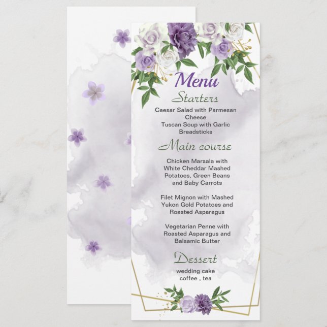 Violette Blumen Grüne Hochzeit Menükarte (Vorne/Hinten)