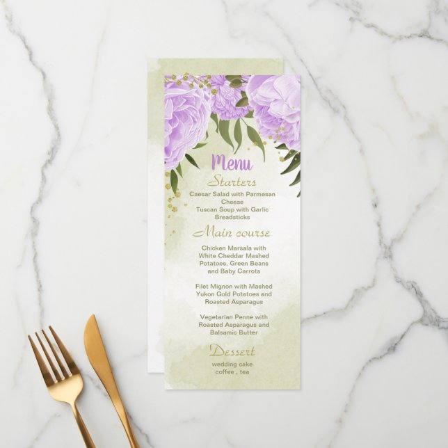 Violette Blumen Grüne Hochzeit Menükarte (Vorderseite/Rückseite Beispiel)