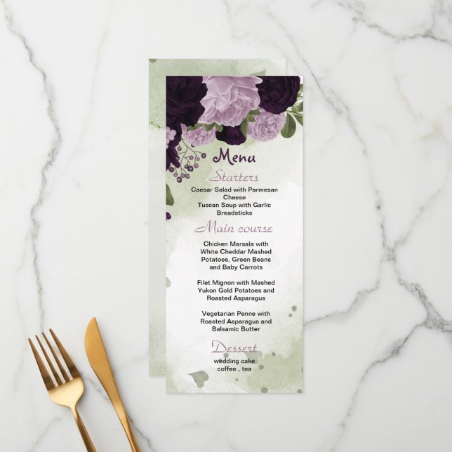 Violette Blumen Grüne Hochzeit Menükarte (Vorderseite/Rückseite Beispiel)