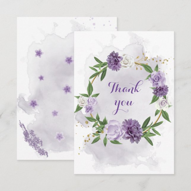 violette Blumen Grünkranz Dankeskarte (Vorne/Hinten)