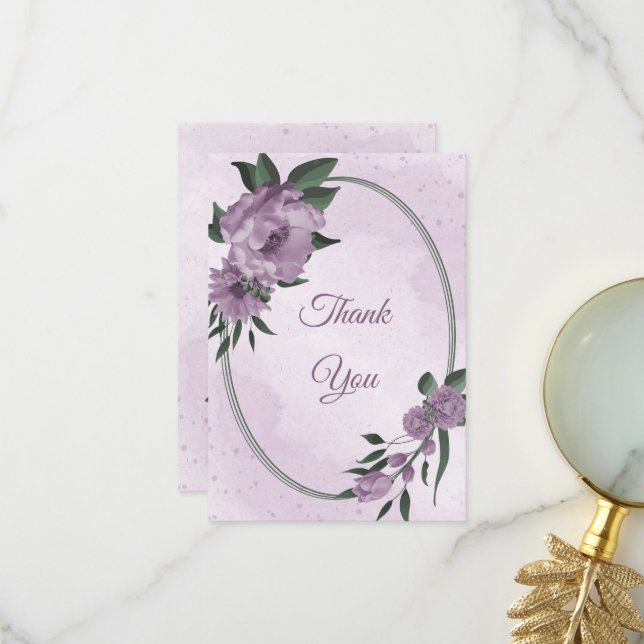 violette Blumen Grünpflanzen botanische Hochzeit Dankeskarte (Vorderseite/Rückseite Beispiel)