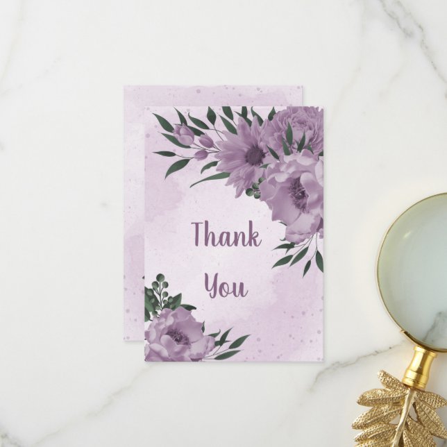 violette Blumen Grünpflanzen botanische Hochzeit Dankeskarte (Vorderseite/Rückseite Beispiel)