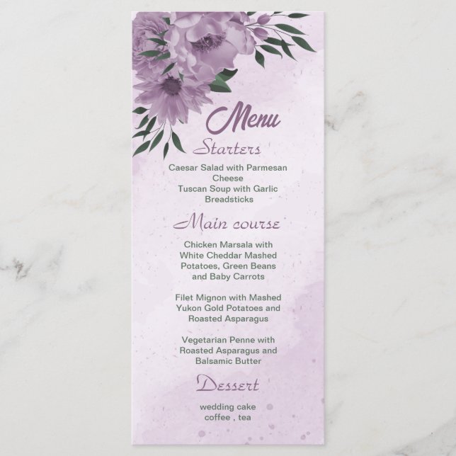 violette Blumen Grünpflanzen botanische Hochzeit Menükarte (Vorderseite)