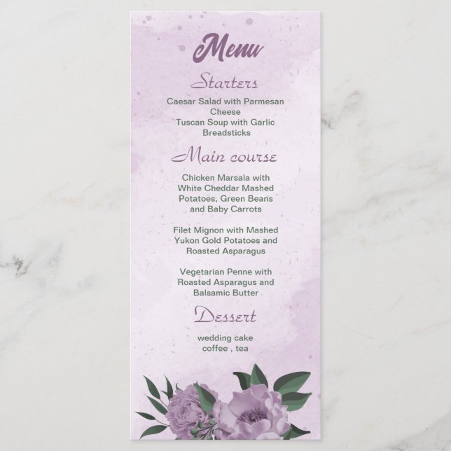 violette Blumen Grünpflanzen botanische Hochzeit Menükarte (Vorderseite)