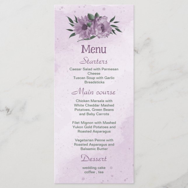 violette Blumen Grünpflanzen botanische Hochzeit Menükarte (Vorderseite)