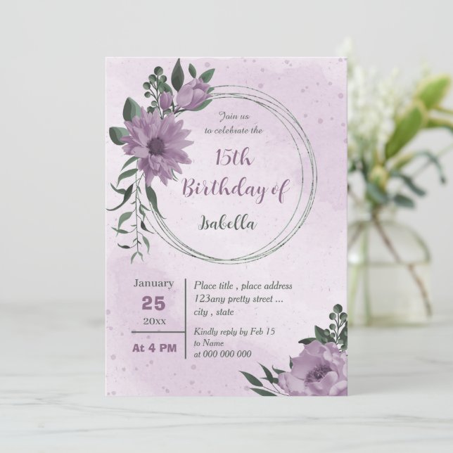 violette Blumen Grünpflanzen botanischer Geburtsta Einladung (Stehend Vorderseite)