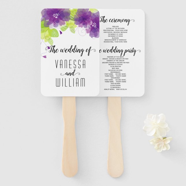 Violette Blumen Kursivschrift Hochzeitsprogramm Fächer (Vorne und Hinten)