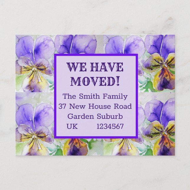 Violette Blumen neue Adresse Postkarte, wir bewege Postkarte (Vorderseite)
