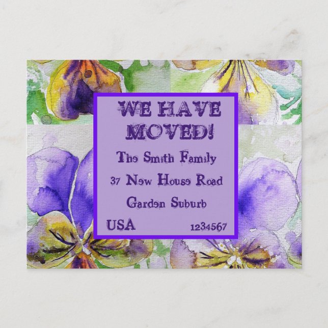 Violette Blumen neue Adresse Postkarte, wir bewege Postkarte (Vorderseite)