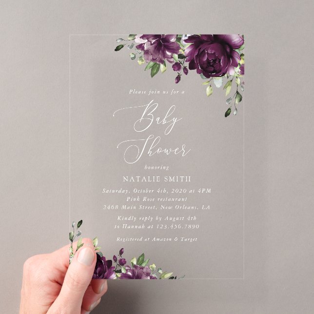 Violette Blumen, Pflaume, Blume, Boho, Babydusche Acryleinladungen (Insitu (Handheld))