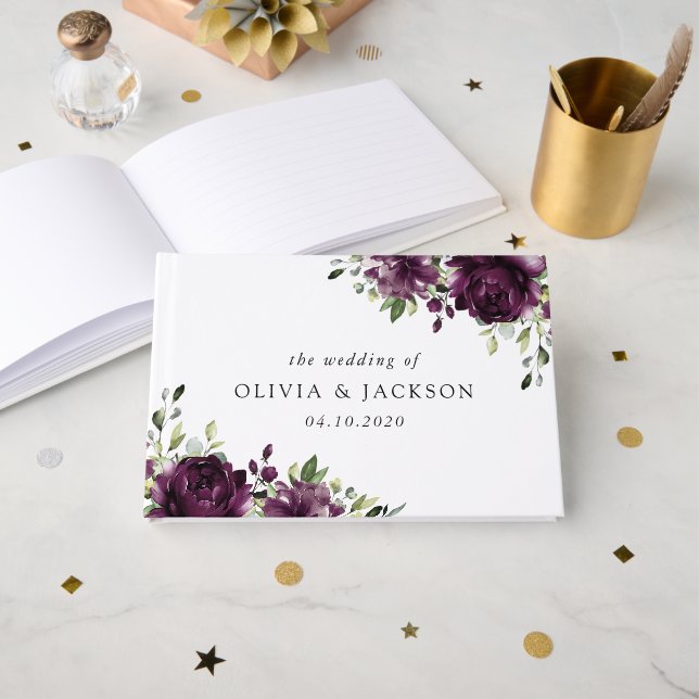 Violette Blumen, Pflaumenblumen, Boho, Blumenzehen Gästebuch (Vorderseite Offen)