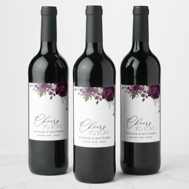 Violette Blumen, Pflaumenblumen, Boho, Blumenzehen Weinetikett (Flaschen)