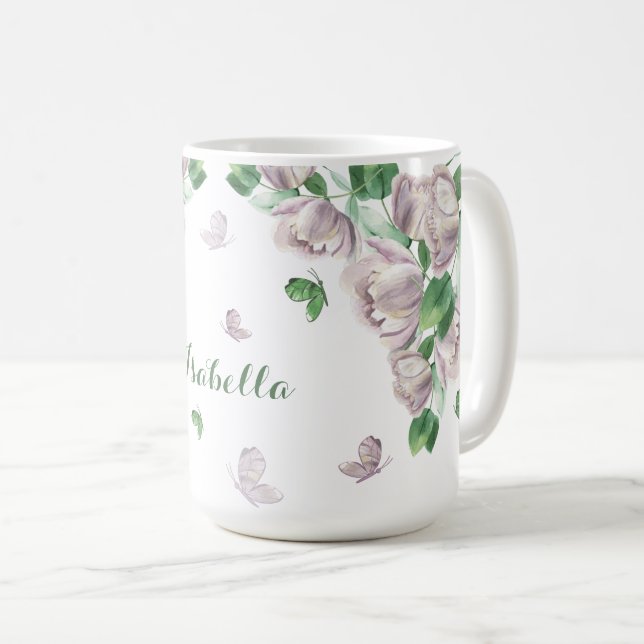 violette Blumen, Schmetterlinge Kaffeetasse (VorderseiteRechts)
