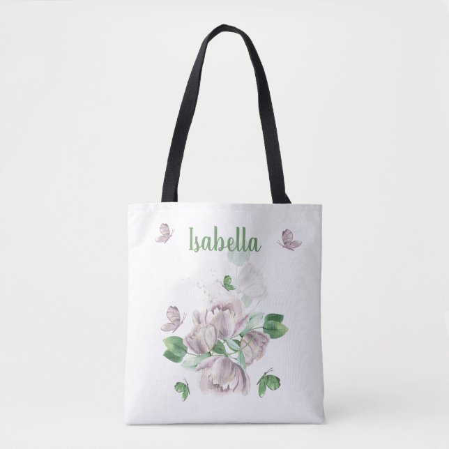 violette Blumen, Schmetterlinge Tasche (Vorderseite)