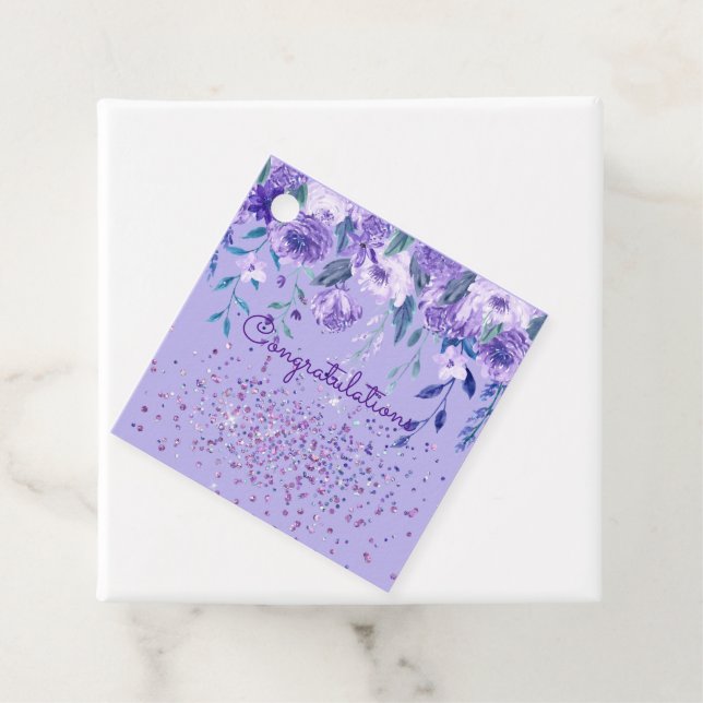 Violette Blumen und Glitzer Geschenkanhänger (Beispiel)