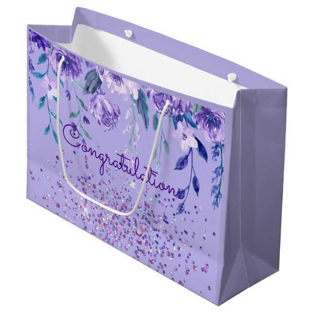 Violette Blumen und Glitzer-Geschenktüte Große Geschenktüte (Vorderseite Schrägansicht)