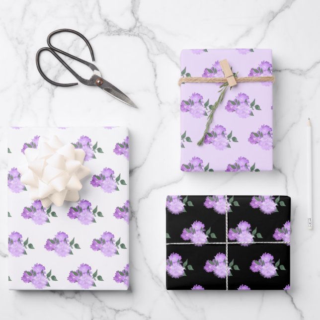 Violette Blumen und Grünmuster Geschenkpapier Set (Vorderseite)