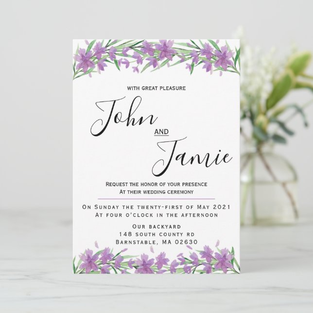 Violette Blumen und Grünpflanzen Einladung zur Hoc (Stehend Vorderseite)