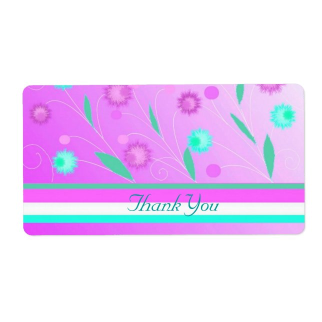 Violette Blumen und Streifen Danke, Label (Vorne)