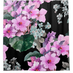 Violette Blumen und Vergissmeinnicht Aquarell auf Duschvorhang