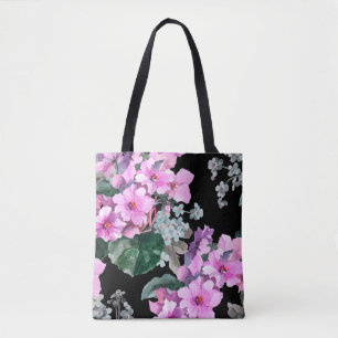 Violette Blumen und Vergissmeinnicht Aquarell auf Tasche