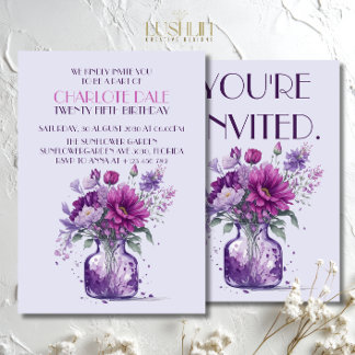 Violette Blüten in Vase Floral Aquarell Geburtstag Einladung