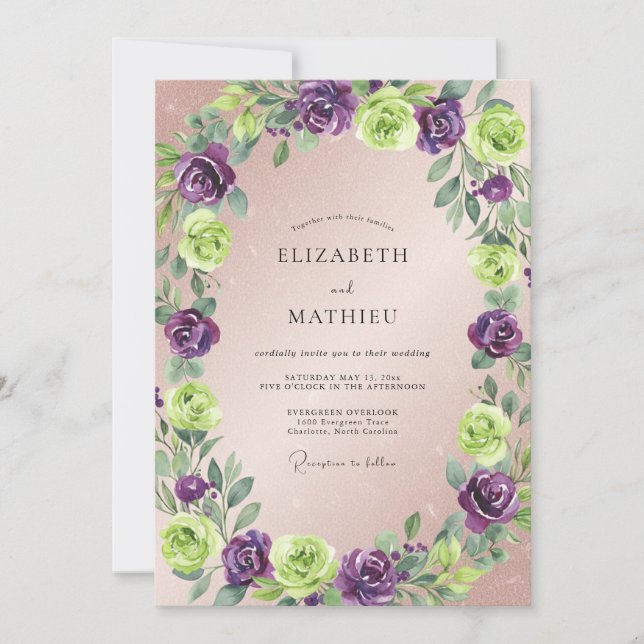 Violette Chartreuse-Blatt-Hochzeit Einladung (Vorderseite)