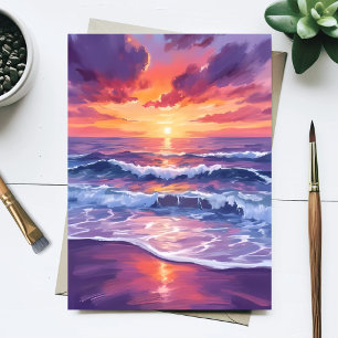 Violette Flut   Lila Sonnenuntergang Ozeanwellen G Postkarte