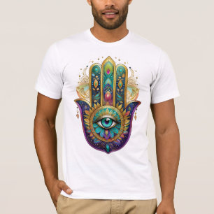 Violette Grüne Goldene Blütenblätter Hamsa Türkis  T-Shirt