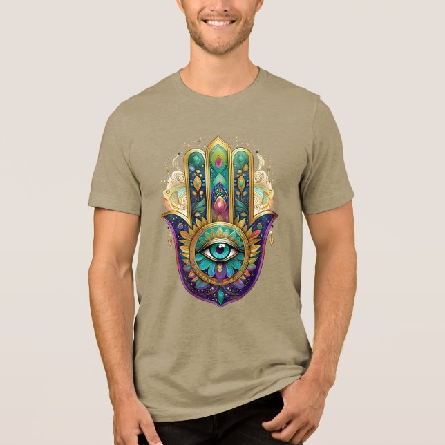 Violette Grüne Goldene Blütenblätter Hamsa Türkis  Tri-Blend Shirt (Vorderseite)