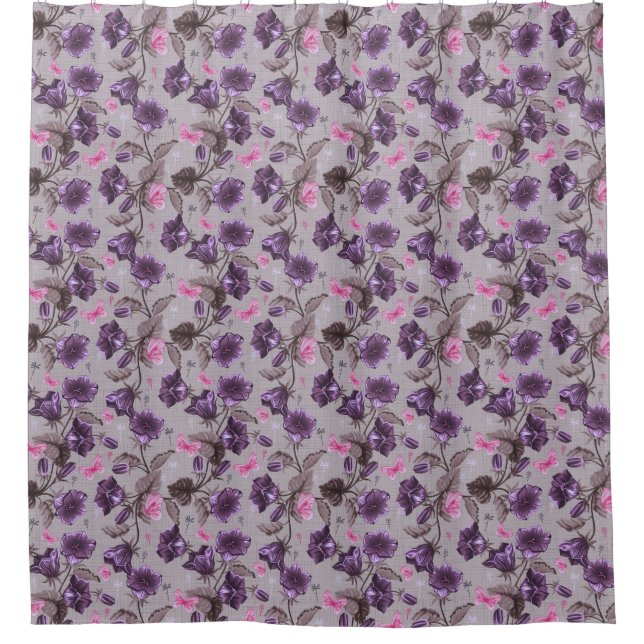 violette Handglocken und rosa Schmetterlingsmuster Duschvorhang (Vorderseite)