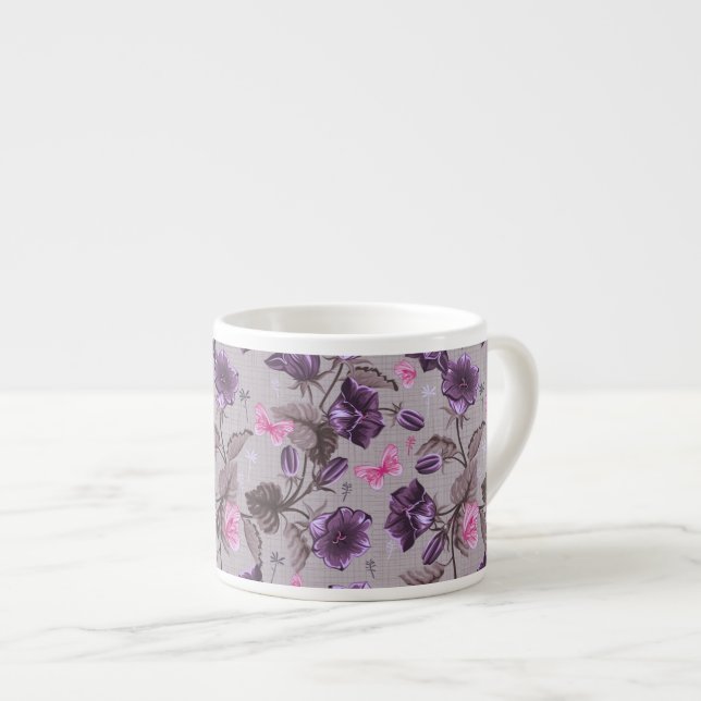 violette Handglocken und rosa Schmetterlingsmuster Espressotasse (Vorderseite Rechts)