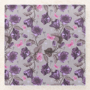 violette Handglocken und rosa Schmetterlingsmuster Glasuntersetzer