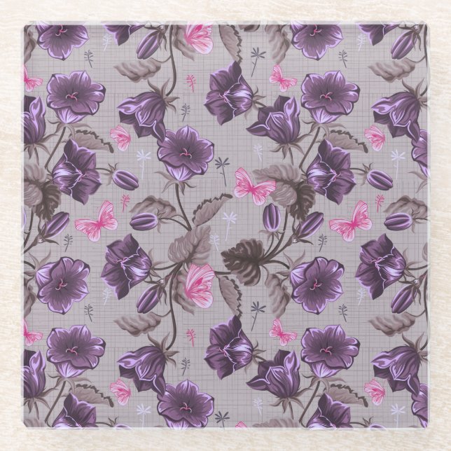 violette Handglocken und rosa Schmetterlingsmuster Glasuntersetzer (Vorderseite)