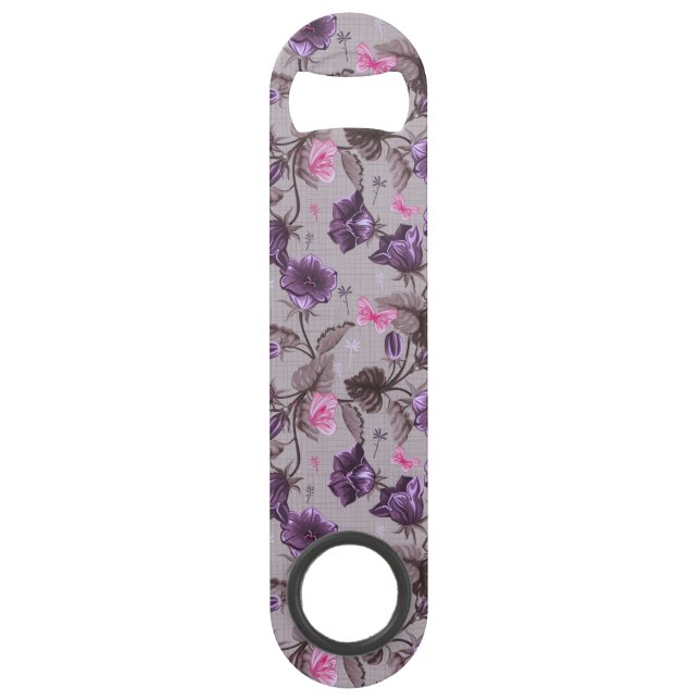 violette Handglocken und rosa Schmetterlingsmuster Speedflaschenöffner (Vorderseite)