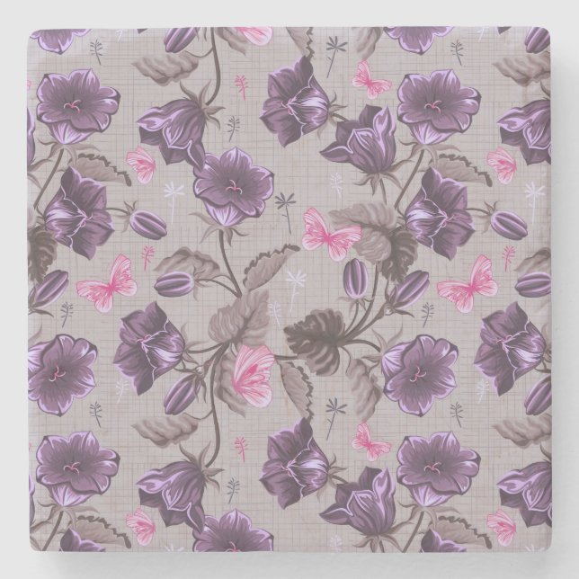 violette Handglocken und rosa Schmetterlingsmuster Steinuntersetzer (Vorderseite)