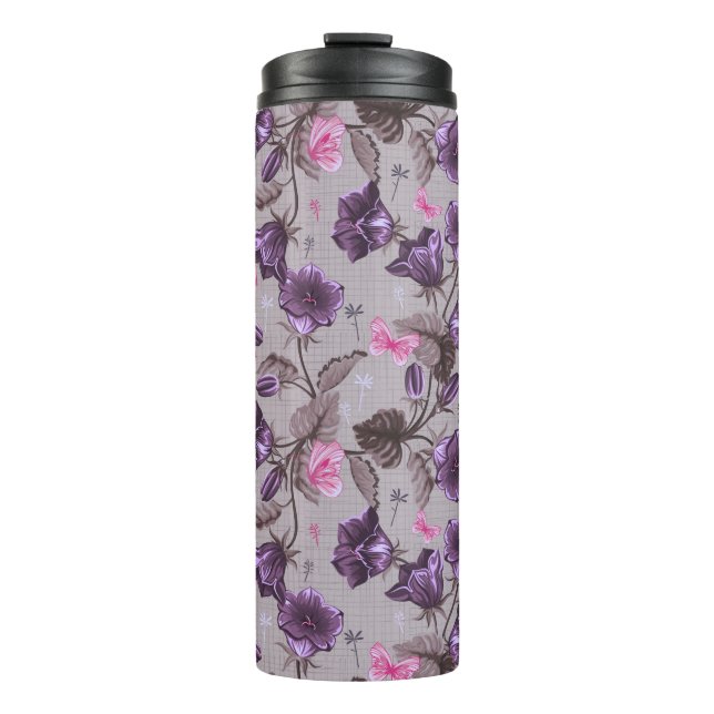 violette Handglocken und rosa Schmetterlingsmuster Thermosbecher (Vorderseite)