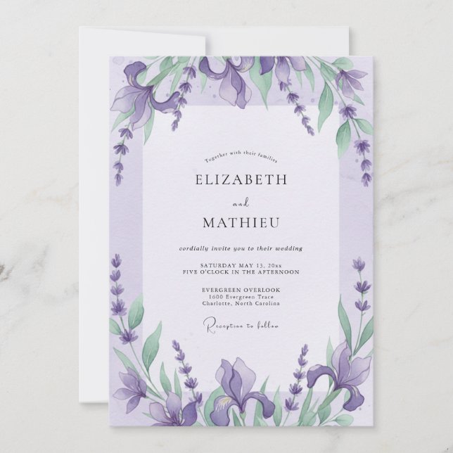 Violette Iris-Eukalyptus-Hochzeit Einladung (Vorderseite)
