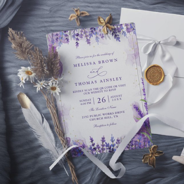 Violette Lavendel Blumen Modern QR-Code Hochzeit Einladung (Von Creator hochgeladen)