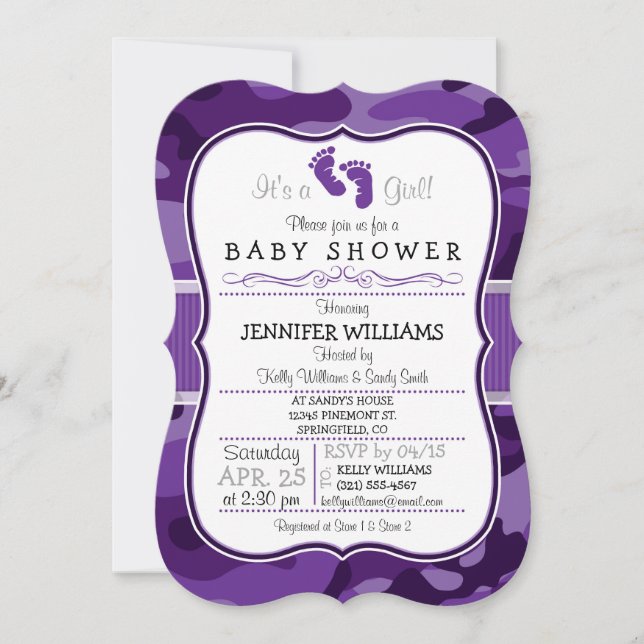 Violette Lila Camouflage, Camouflage Babydusche Einladung (Vorderseite)