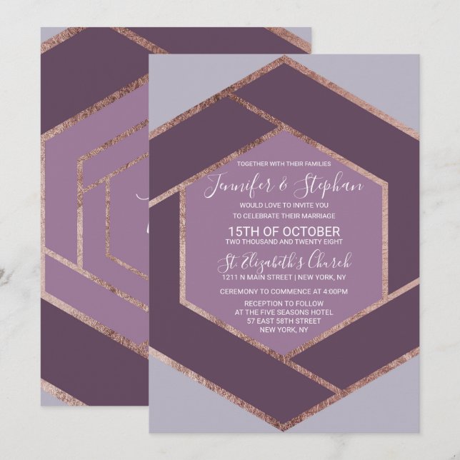 Violette lila lila Rosen-Goldhexagon-Hochzeit Einladung (Vorne/Hinten)