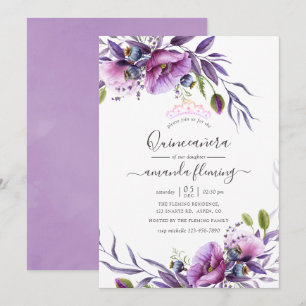 Violette lila Mohnblumen Floral Quinceañera Einladung