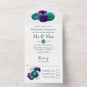 Violette, Lila und türkisfarbene Hochzeiten All In One Einladung