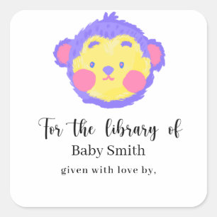 Violette niedliche Monkey Baby Shower Bibliothek Quadratischer Aufkleber