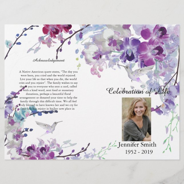 Violette Orchideen Kolibri Trauerprogramm Flyer (Vorne)