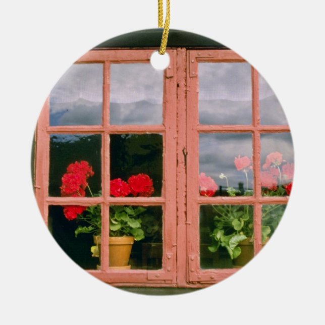 Violette Pelargonien im Fenster von einem Keramik Ornament (Vorne)