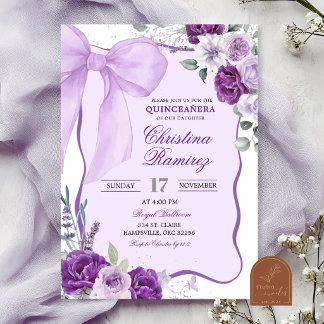 Violette Schleife Coquette Florale Quinceanera  Einladung